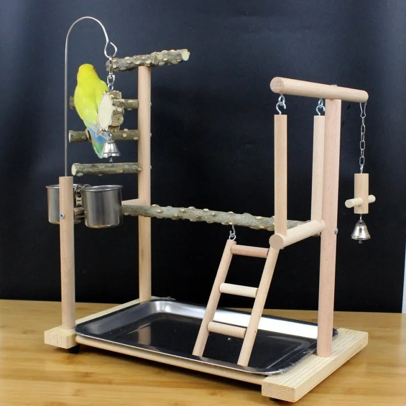 Pepper wood parrot play stand with integrated tiger skin peony toy and multi-level platforms.