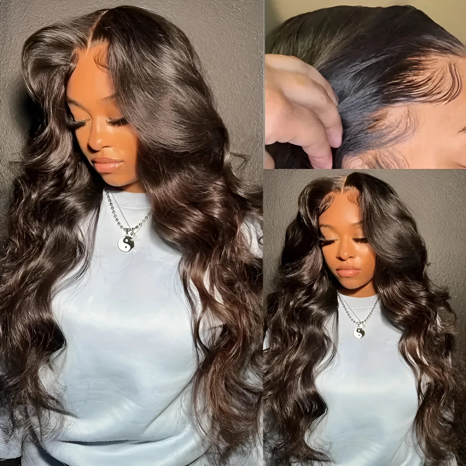 Women's front lace wig with long curly hair and side bangs in dark brown colour