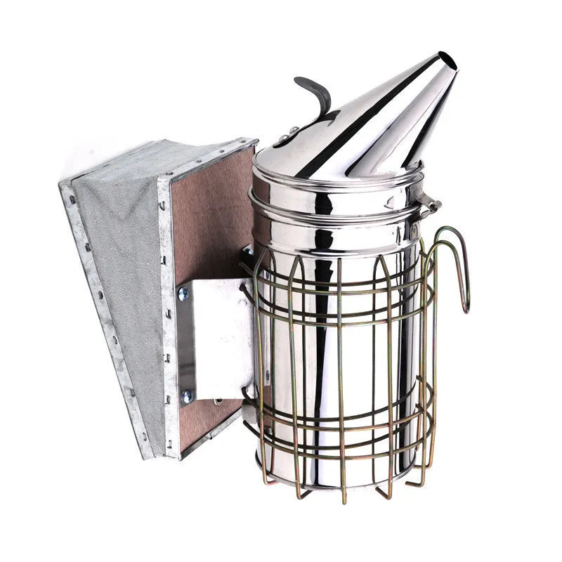 Manual stainless steel bee smoker with leather bellows, 10.5cm barrel diameter