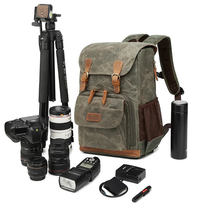 Solid colour canvas DSLR camera backpack in Army Green, shown as a multi-functional storage bag.