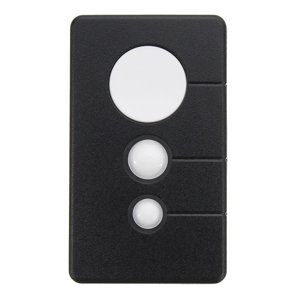 Black three-button LiftMaster compatible garage door remote control on a white background.