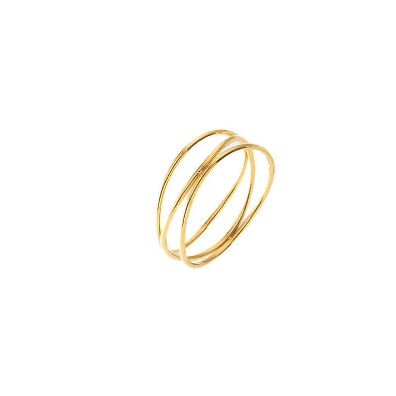Gold-coloured titanium steel ring with a three-layer geometric coil band design.