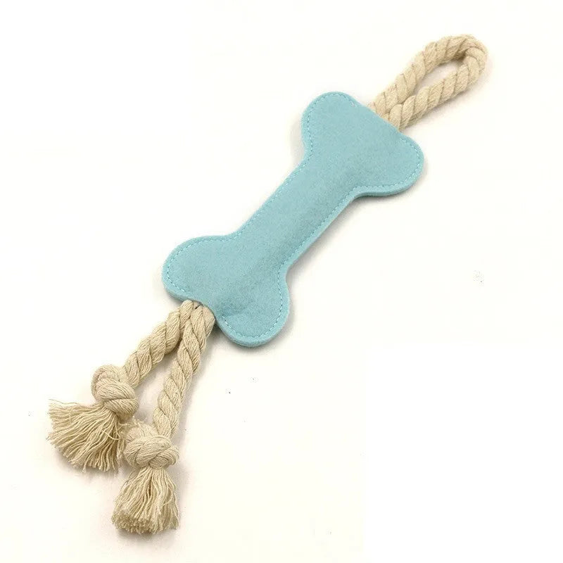 Bone-shaped felt dog toy with rope knot construction, showing black colour option
