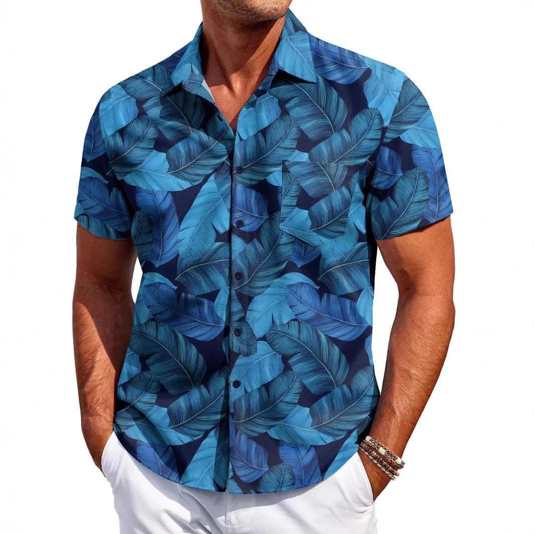 Men's slim fit Hawaiian style short sleeve shirt on a hanger.