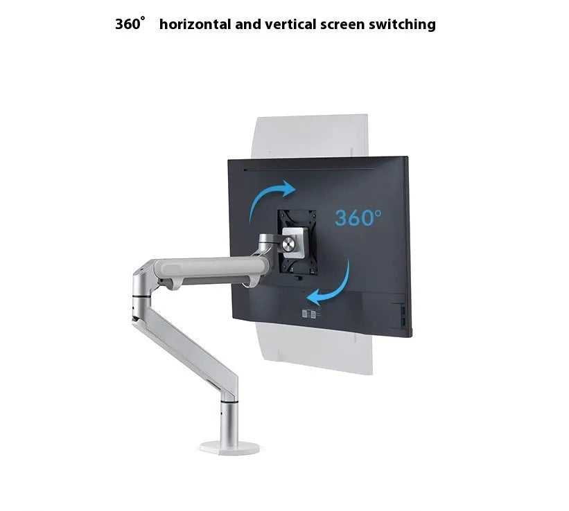 Silver aluminium laptop stand with adjustable air pressure arm bracket holding a MacBook notebook.
