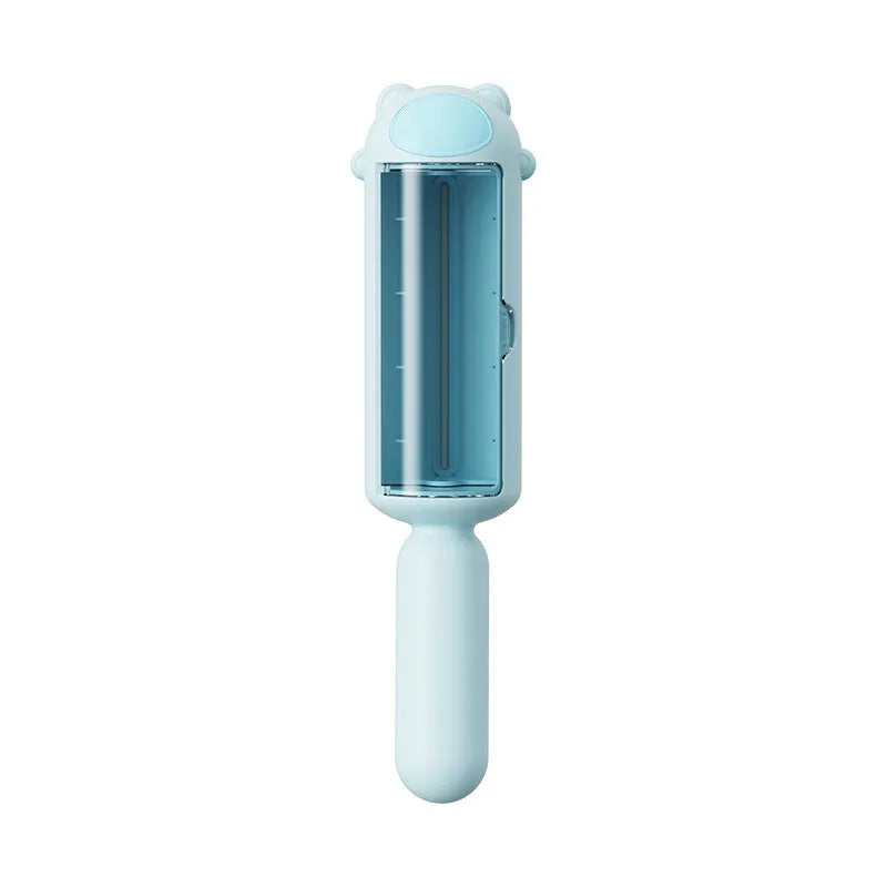 Blue reusable pet hair remover tool with self-cleaning base for furniture and cars