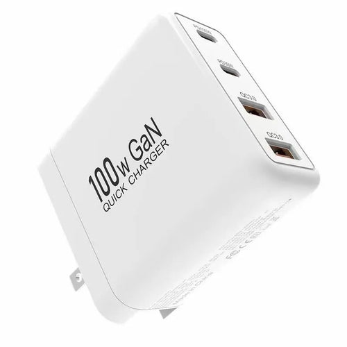 White 100W gallium nitride wall charger with Type-C and USB output, 20V5A max