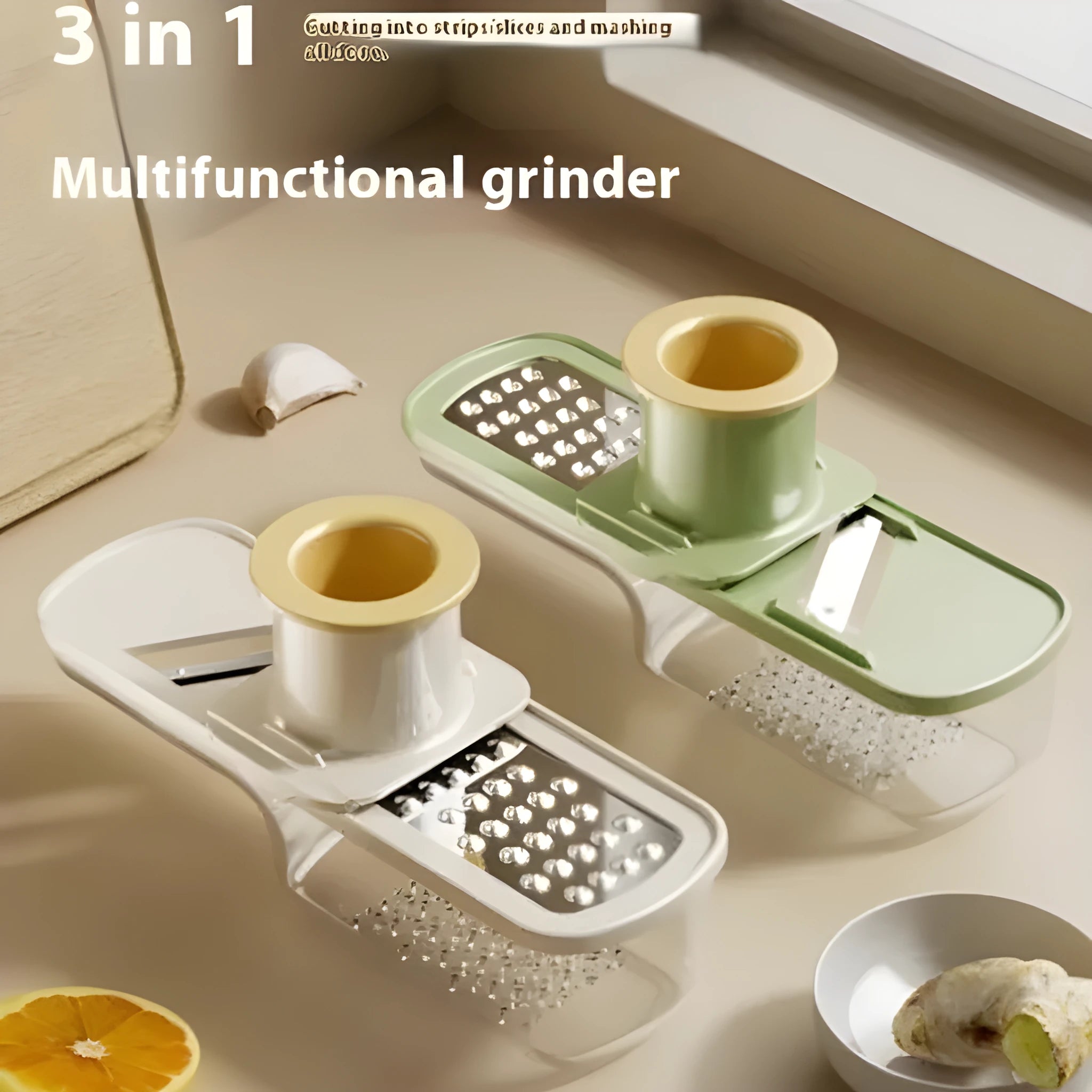 Stainless steel three-in-one ginger garlic grinder and potato slicer in beige colour