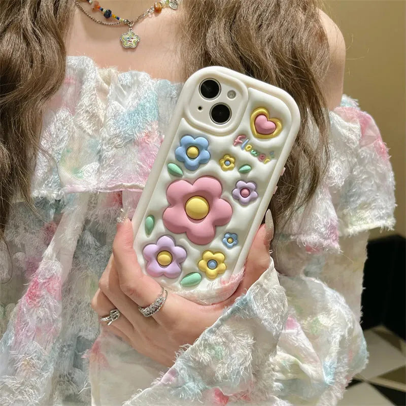 Three-dimensional flower TPU phone case with fall protection for iPhone 13 14 15 models