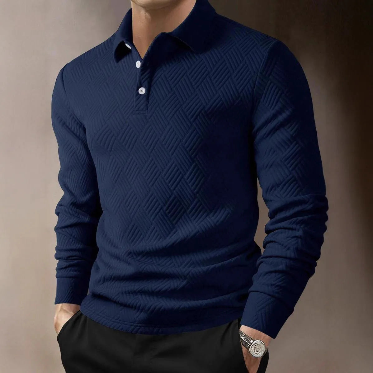 Men's long sleeve polo shirt, loose fit, solid colour, lapel collar, polyester, casual daily top