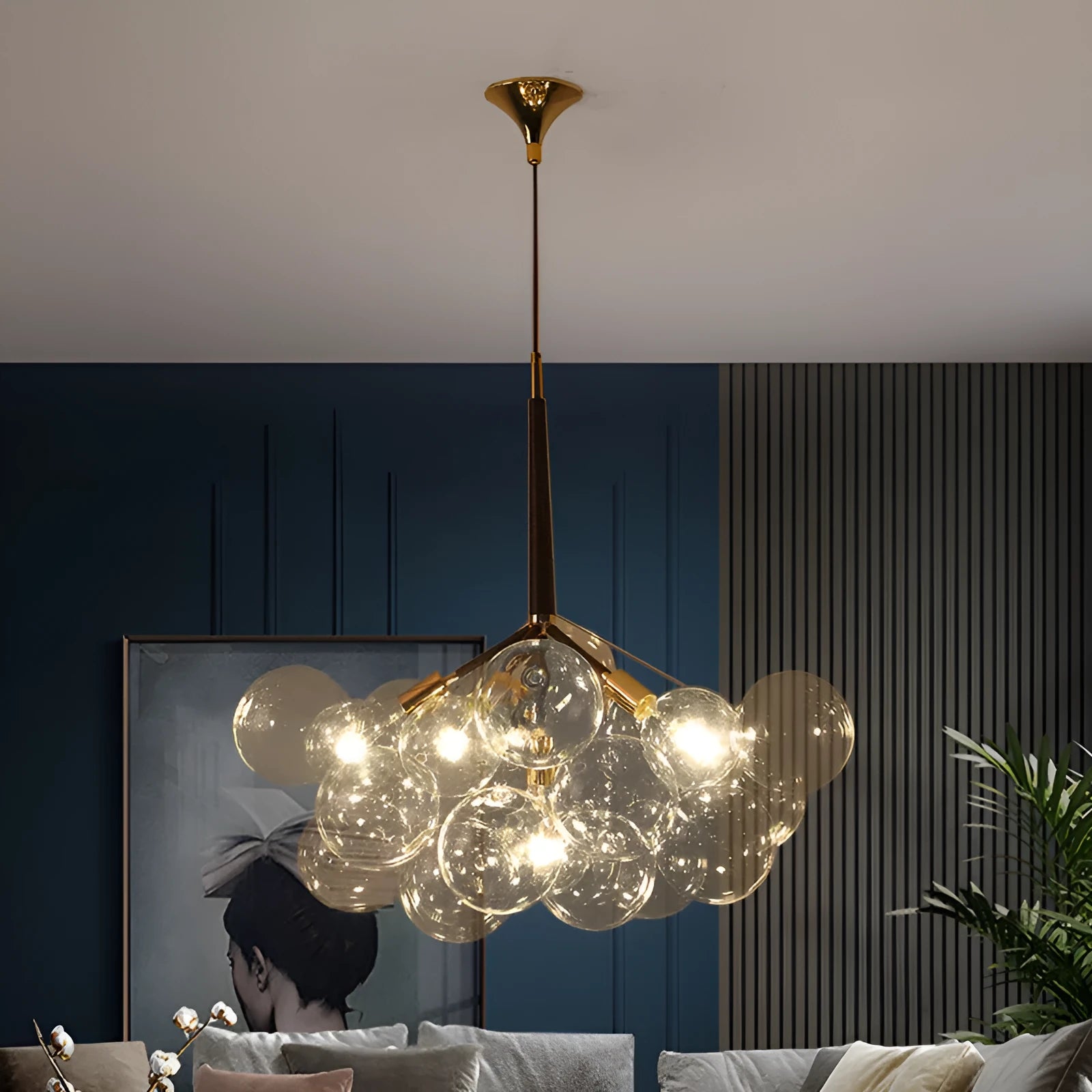 Nordic glass chandelier with 4 arms in black gold finish, warm light, for children's room ceiling