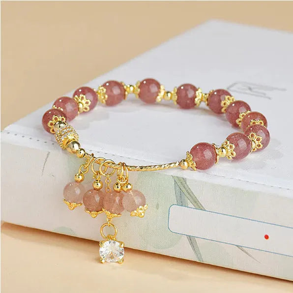 Pink strawberry quartz crystal women's bracelet with heart-shaped charm and pearl accents
