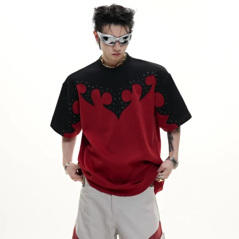 Men's red cotton short sleeve shirt with drop shoulders and 3D stitched rhinestone flower pattern detail.