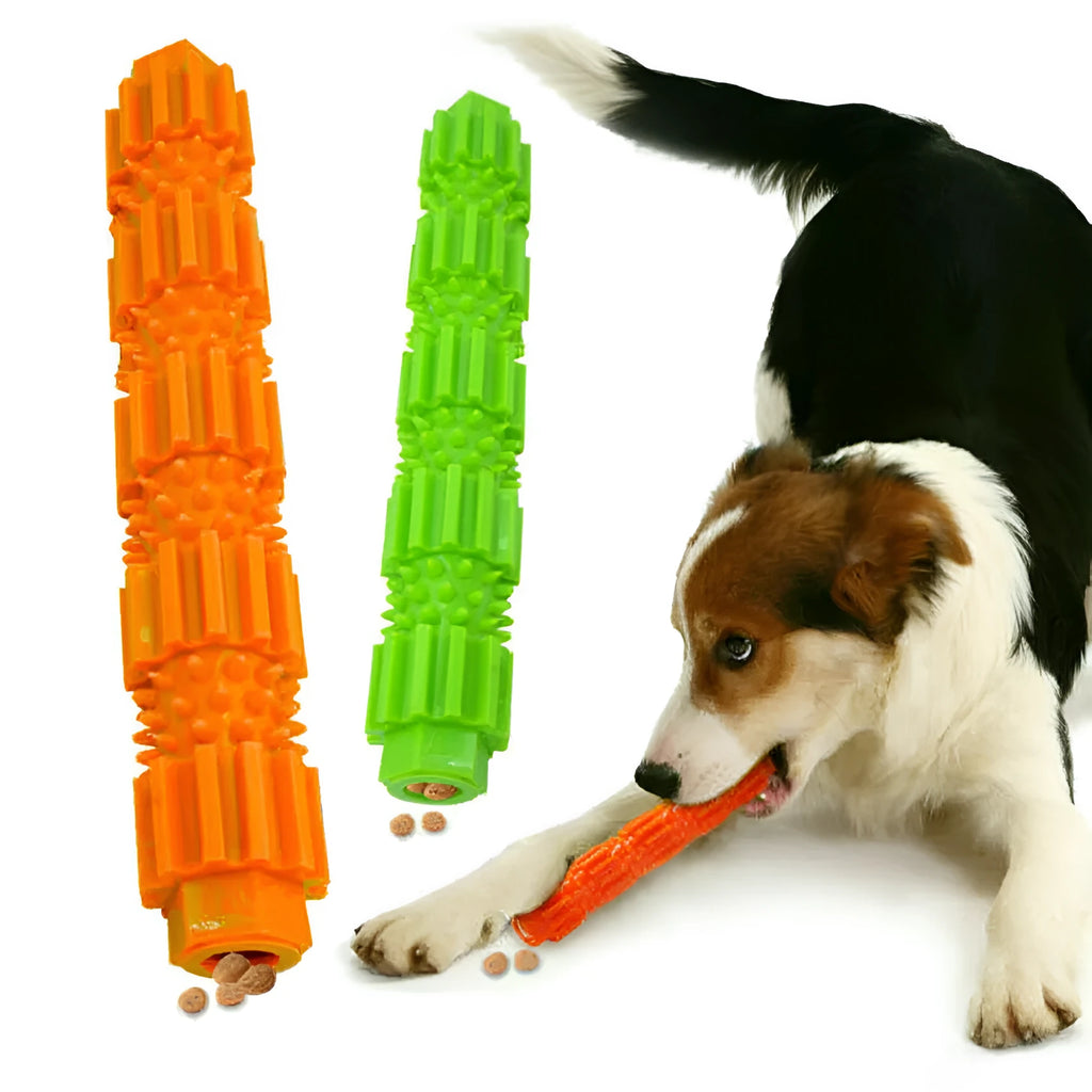 Green or orange rubber dog chew toy with treat dispenser for aggressive chewers