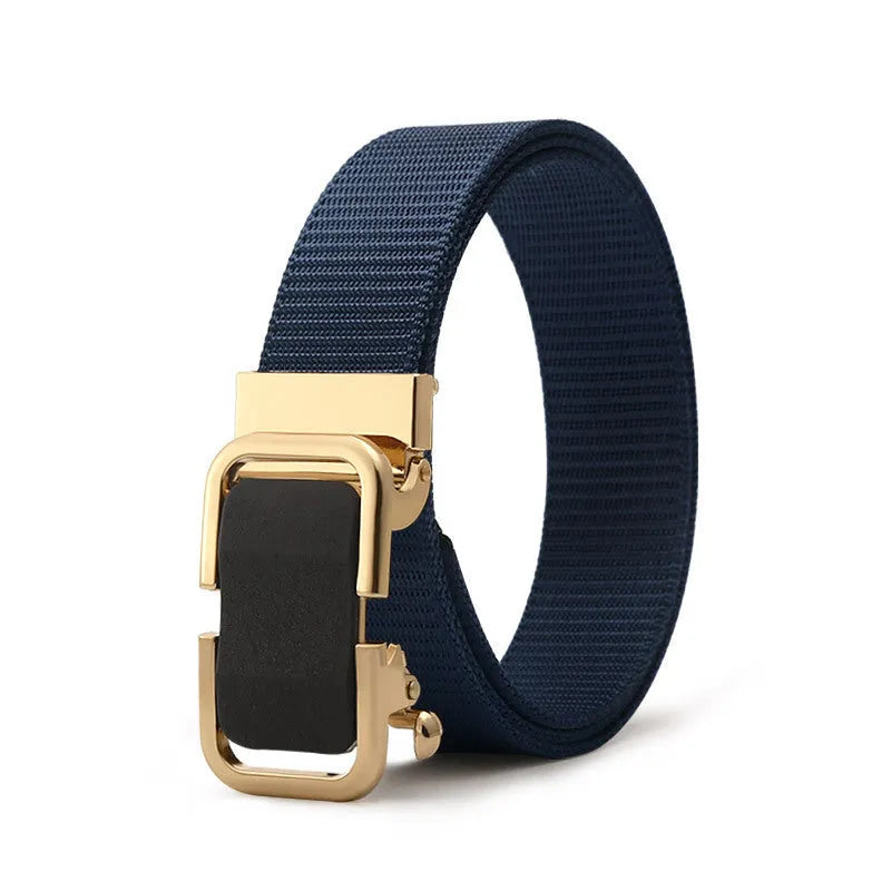 Men's toothless nylon canvas belt with alloy buckle showing adjustment mechanism