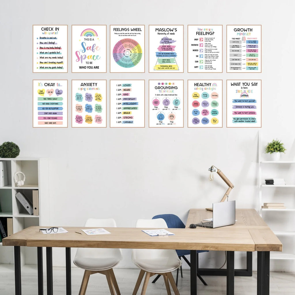 Set of 12 mental health posters on coated paper with bright film finish, 255x355mm each, including glue dots