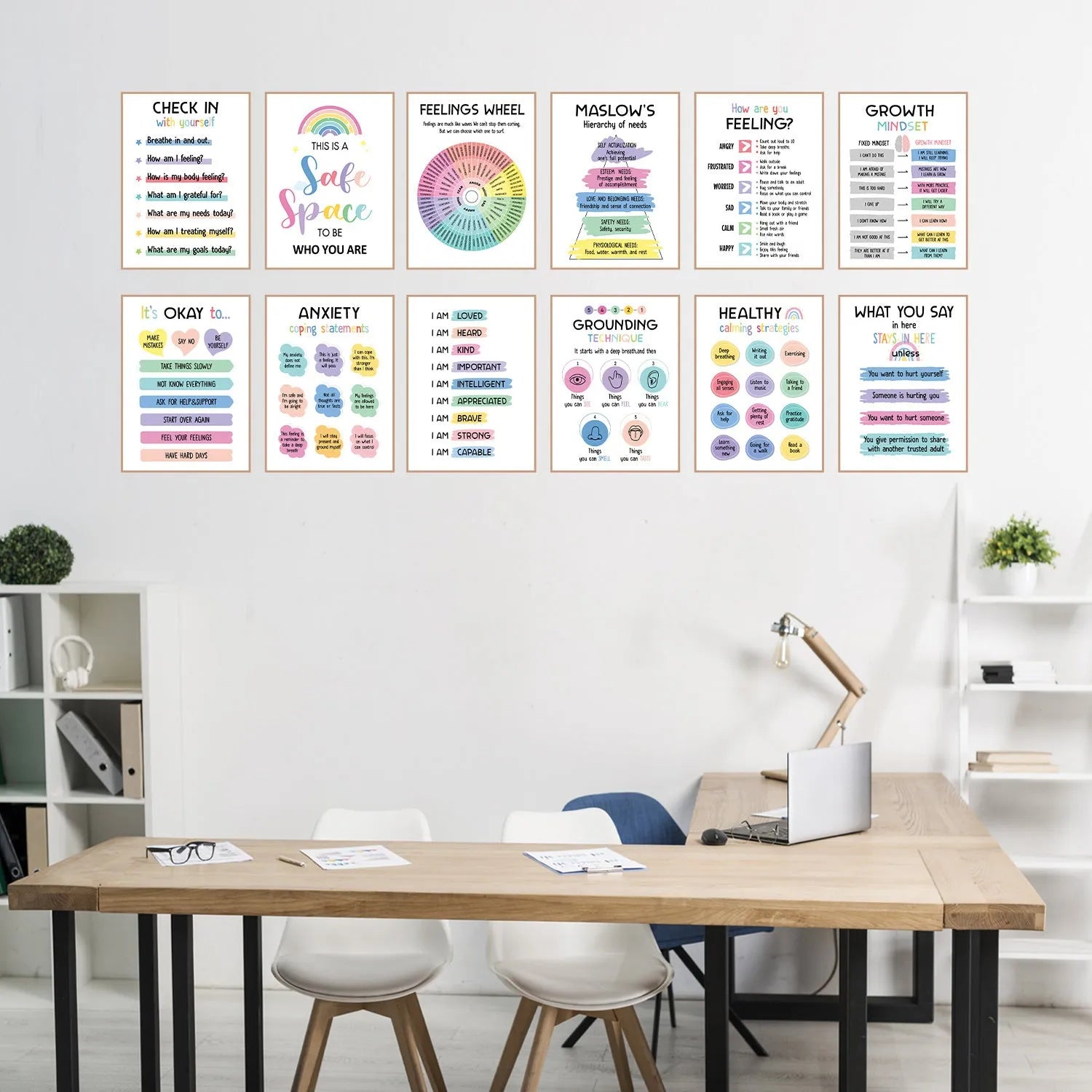 Set of 12 mental health posters on coated paper with bright film finish, 255x355mm each, including glue dots