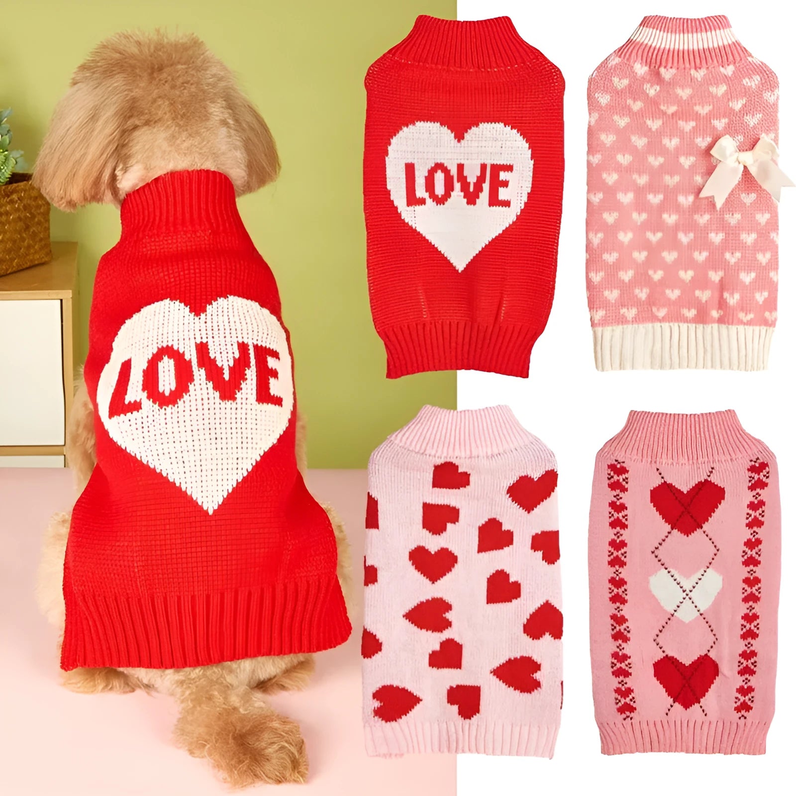 Acrylic dog sweater with decorative bow and love heart designs in red and pink colour options