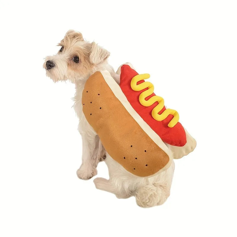 Red and beige hot dog costume coat for a small dog on a Dachshund, showing velcro closure.