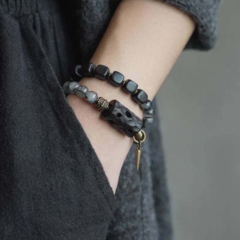Ethnic style black hair crystal mixed handmade texture bracelet on wrist, unisex free size
