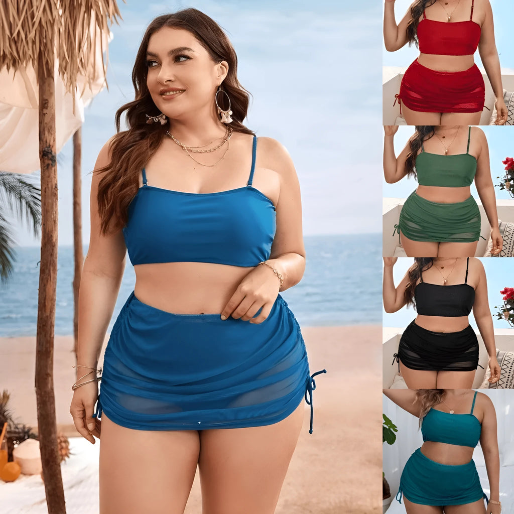 Women's solid colour mesh bikini three-piece set with top, underwear, and apron on mannequin