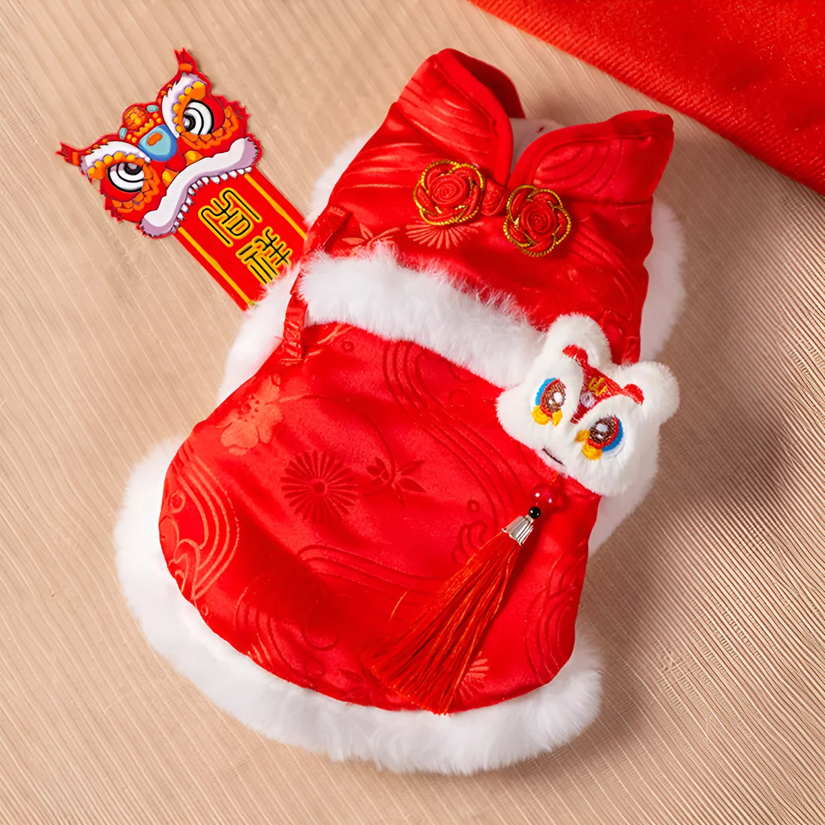 Red lion dance Tang suit pet vest with 3D lion head, tassel, and golden knot buttons for small dogs and cats.