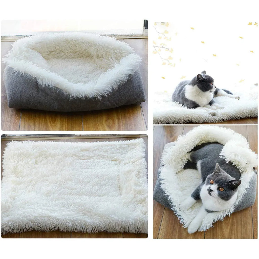 Grey and white pet blanket nest with long plush surface and black non-slip bottom
