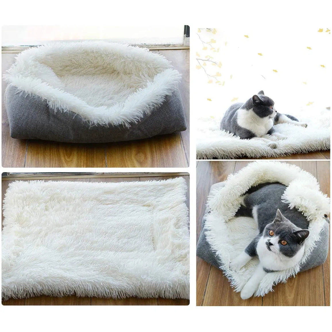 Grey and white pet blanket nest with long plush surface and black non-slip bottom