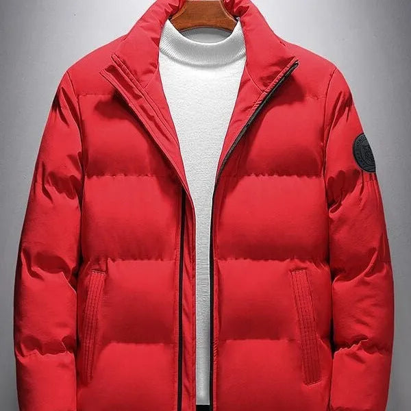 Men's casual winter cotton-padded coat jacket in Korean cardigan style, green colour, shown from front on mannequin