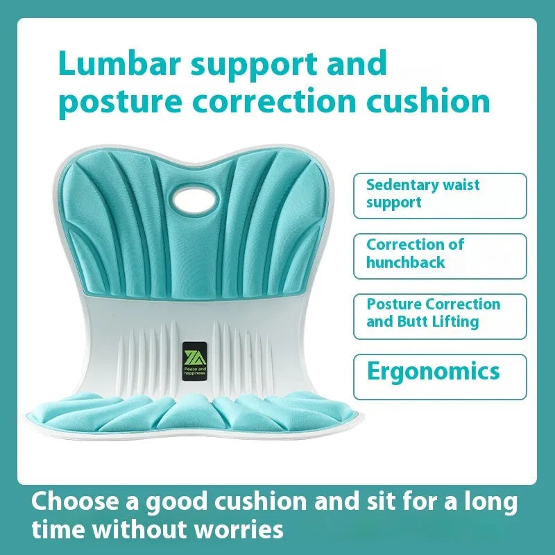 Grey ergonomic seat cushion with waist support contour on office chair
