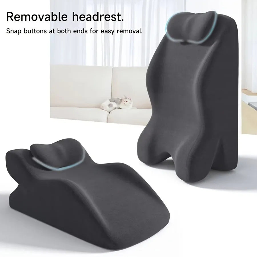 Stomach sleeper pillow in blue designed for front-lying positions, reading support, and phone use