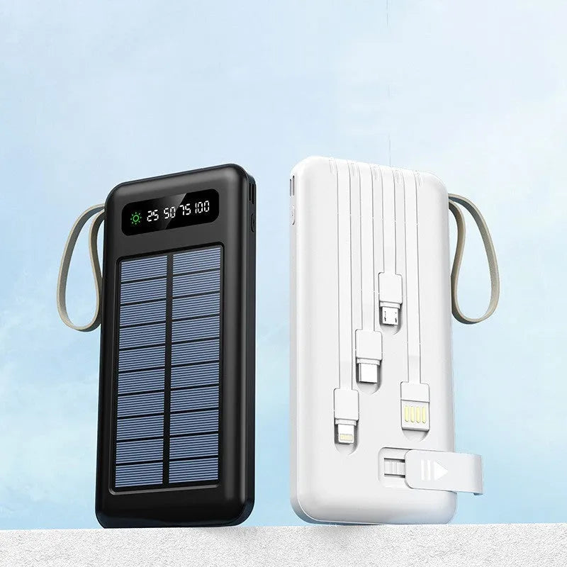 Solar Super Capacity Power Bank in black or white, showing compact size and integrated solar panel on front.