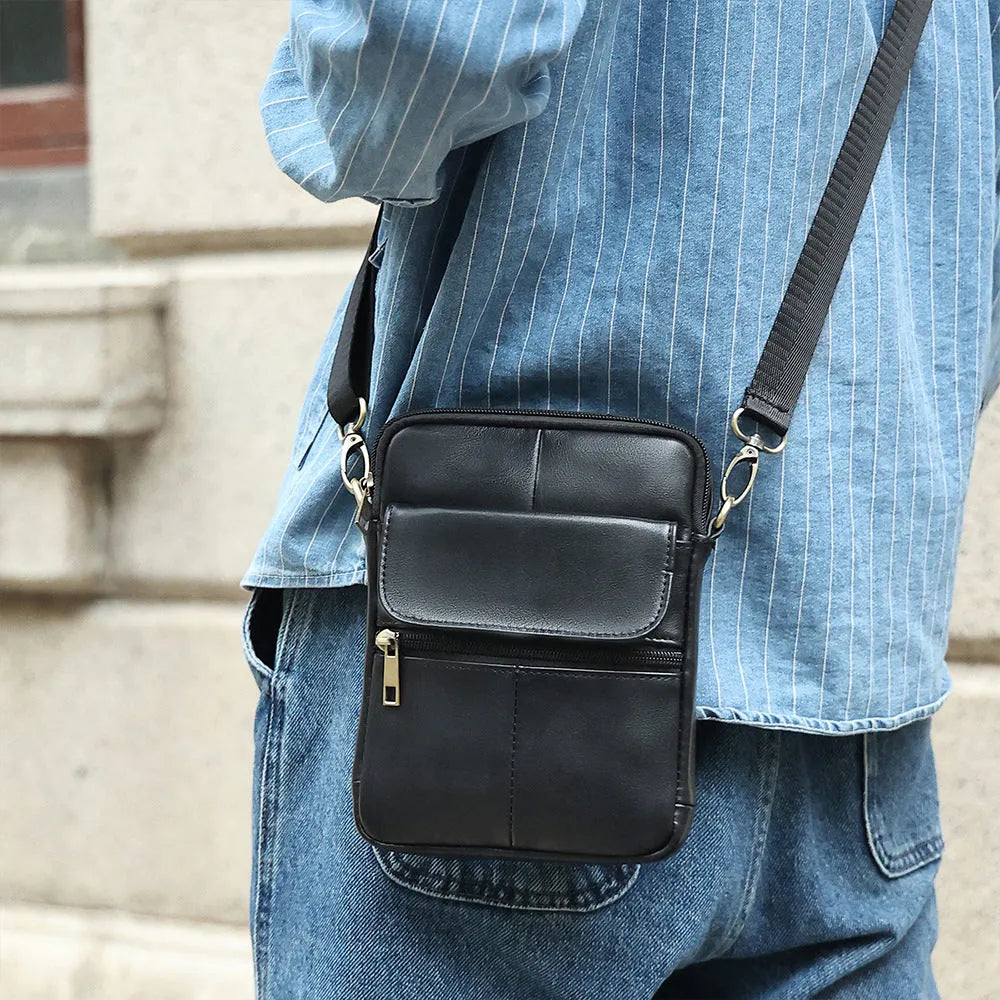 Men's brown genuine leather crossbody shoulder bag with adjustable strap