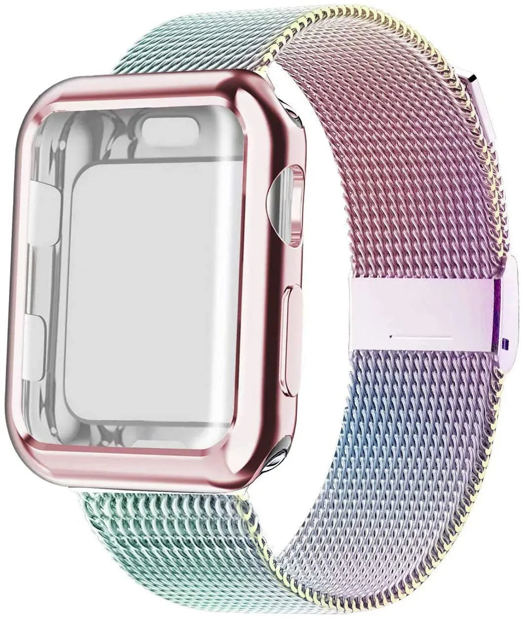 Silver magnetic Milanese loop metal band attached to an Apple Watch on a wrist, showing the adjustable magnetic clasp.