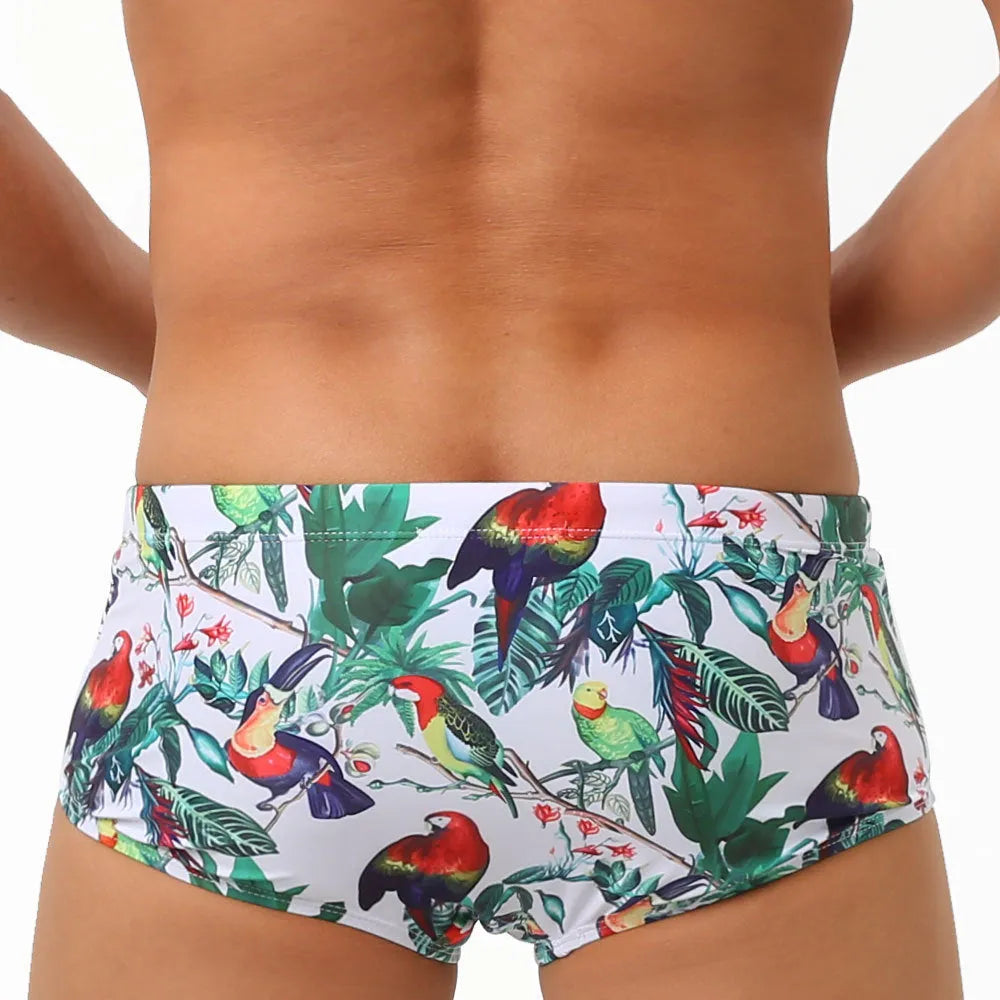 Men's flower-bird print swimming trunks in nylon fabric with cup cover detail