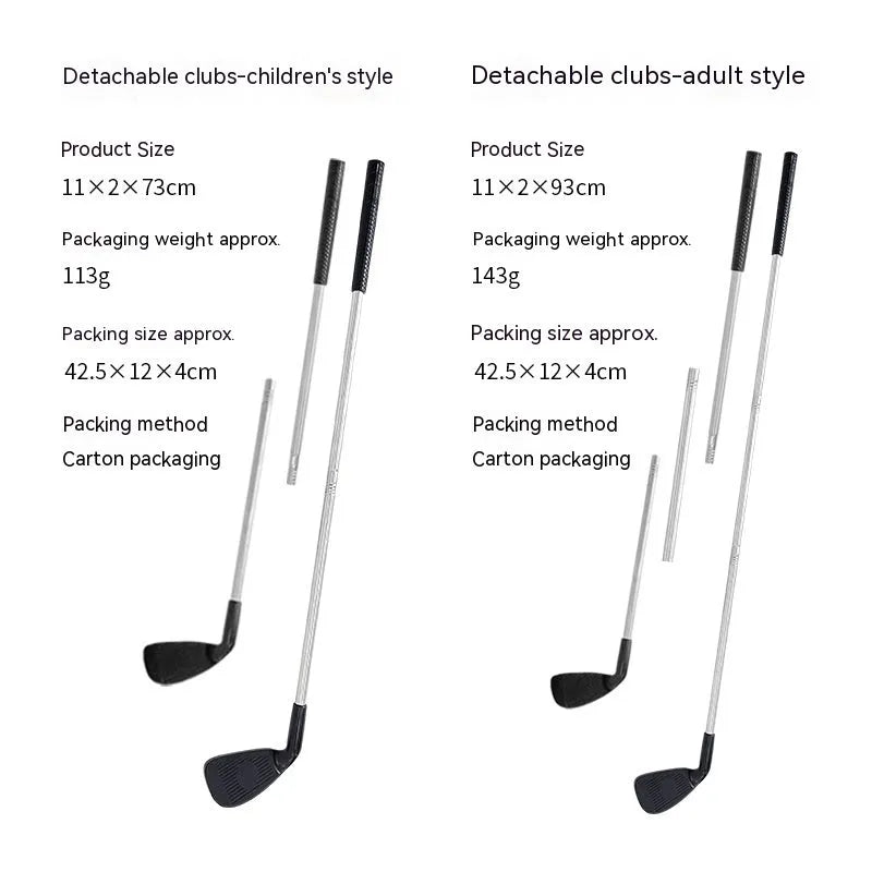 Metal golf club set showing adult and children's size options for outdoor practice.