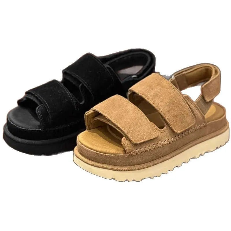 Women's maroon plus size suede platform sandals with Velcro strap and round peep toe.