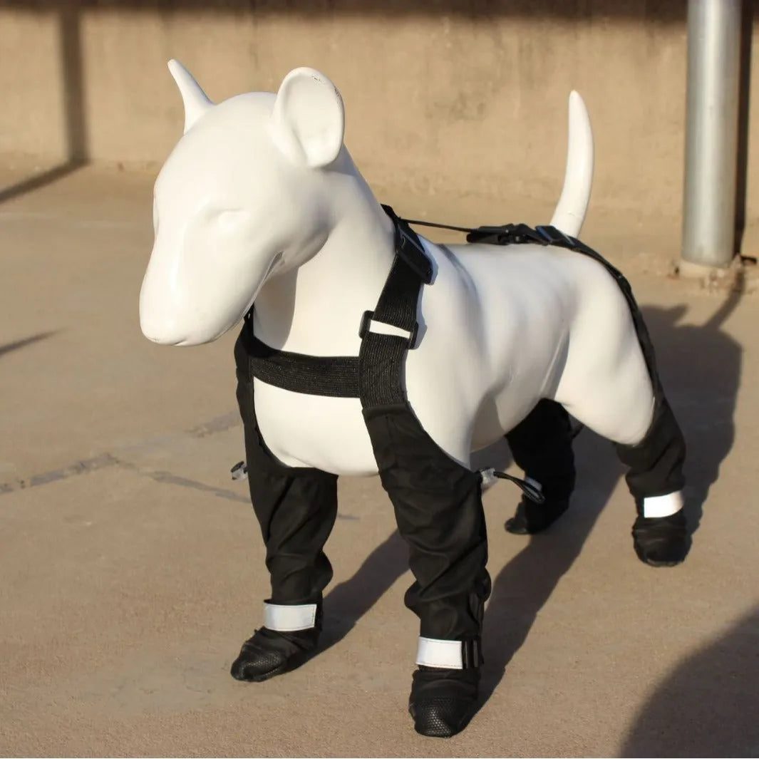 Black waterproof dog shoes with adjustable straps and non-slip soles in various sizes