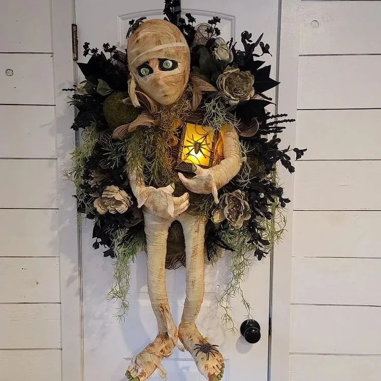Mummy Halloween wreath with skeleton hands on a door, three dimensional plastic 46cm