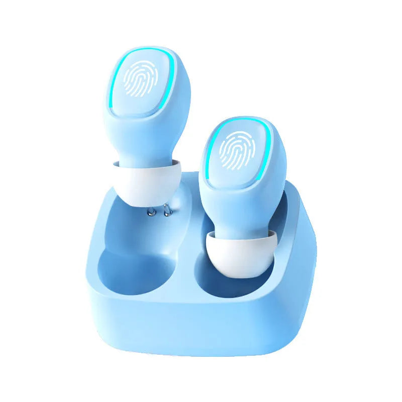 Wireless Bluetooth earplug-style earbuds with 10m range, 4 hour USB charging, shown in blue, pink, black, yellow, green and purple