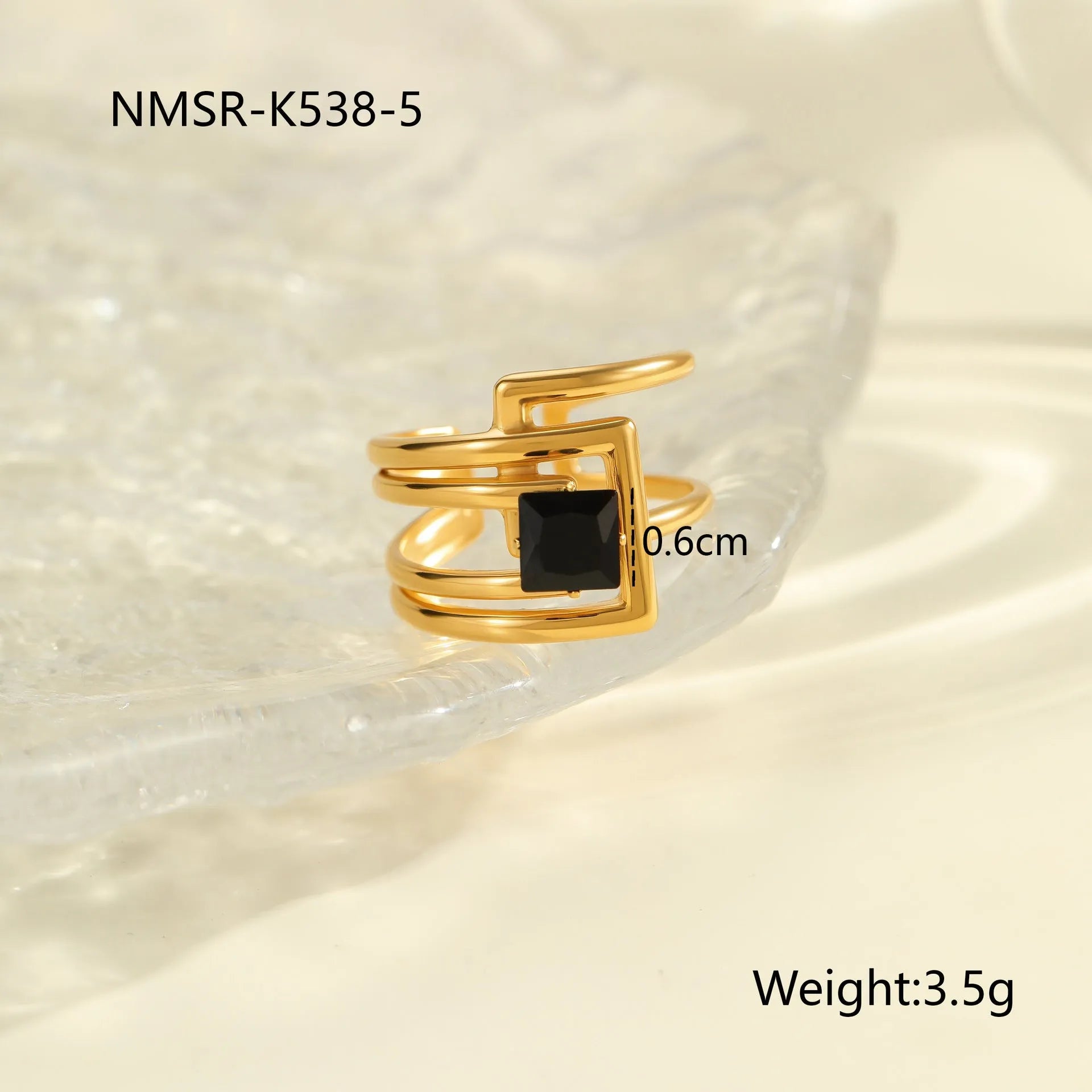 Adjustable open mouth women's ring with geometric design and zircon accents on stainless steel band