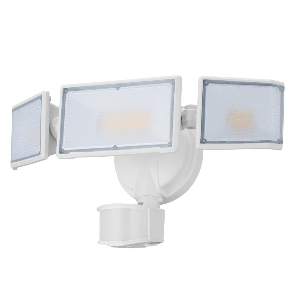 White and black 120V LED human induction security flood light for wall or ceiling mounting.