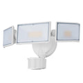 White and black 120V LED human induction security flood light for wall or ceiling mounting.