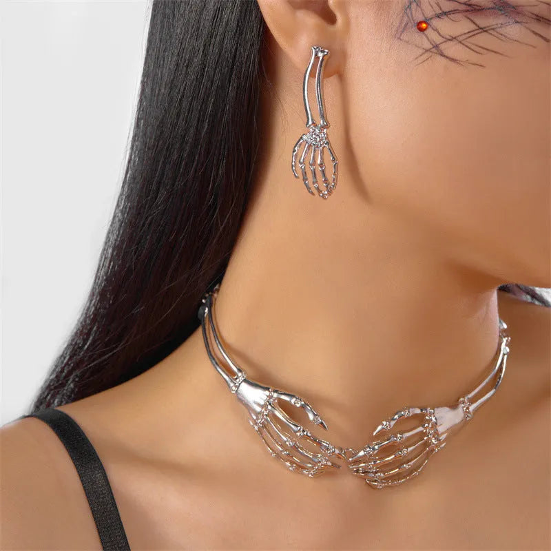 Dark style skull and ghost hand necklace and earring set in alloy with adjustable chain
