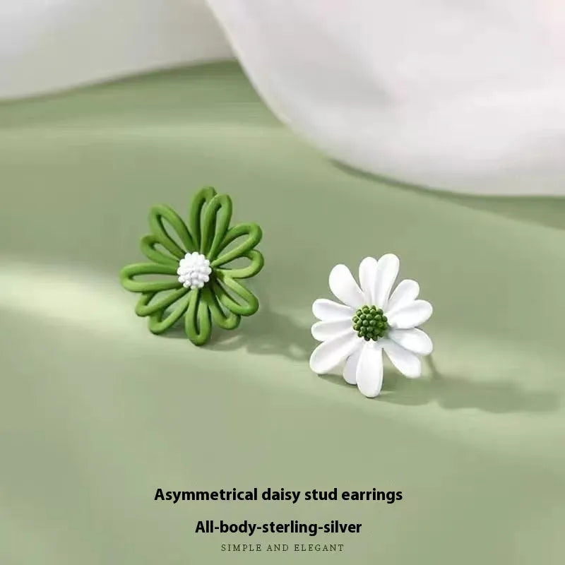 Little Summer alloy flower stud earrings in blue and orange, white and green, and yellow and white colour options.