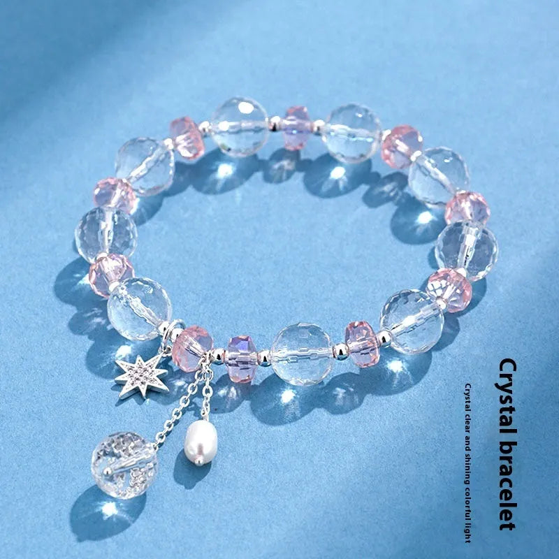 White crystal bracelet with Lucky Cat pendant, diamond shape beads, electroplated finish, Korean style women's jewellery