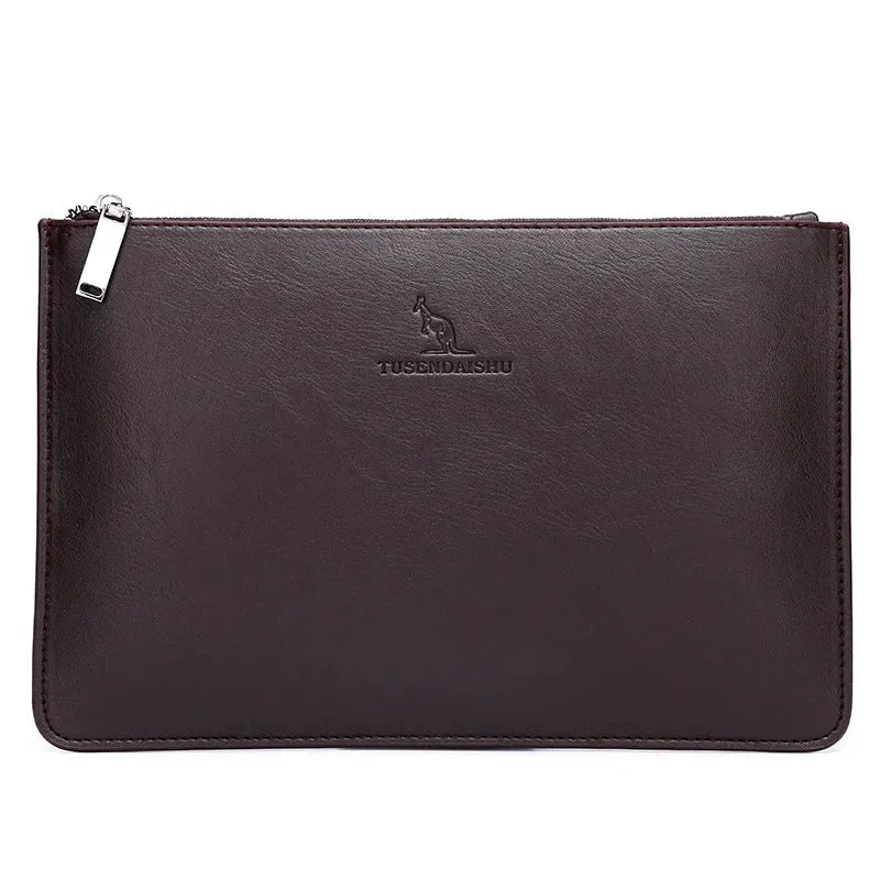Men's black checkered PU leather clutch wallet open to show six card slots and a zipper pocket.