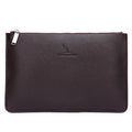 Men's black checkered PU leather clutch wallet open to show six card slots and a zipper pocket.