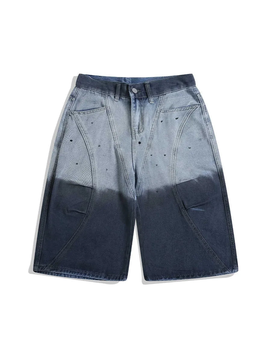 Blue tie-dye gradient washed-out cropped jeans with loose fit and mid waist