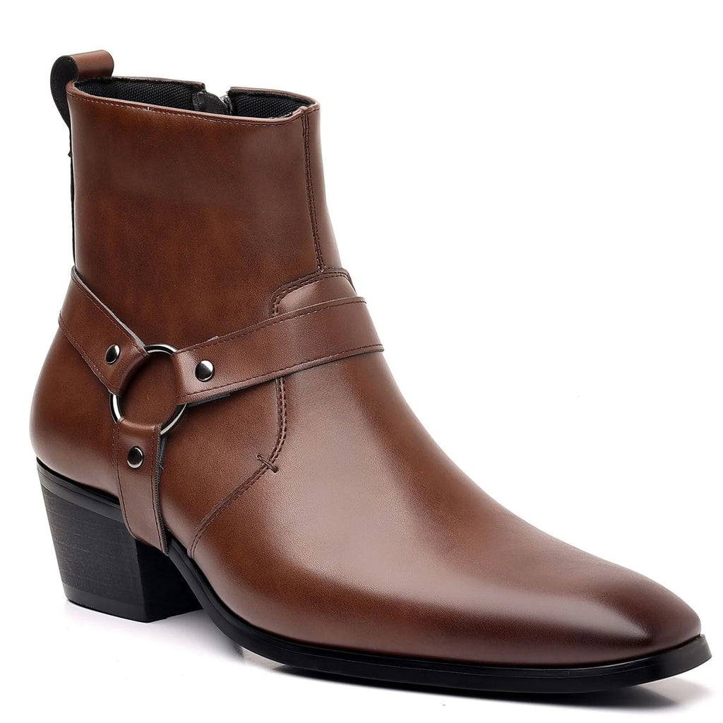 Black unisex ankle boots with side zipper, rivet details, and a high horseshoe heel on a grey background.